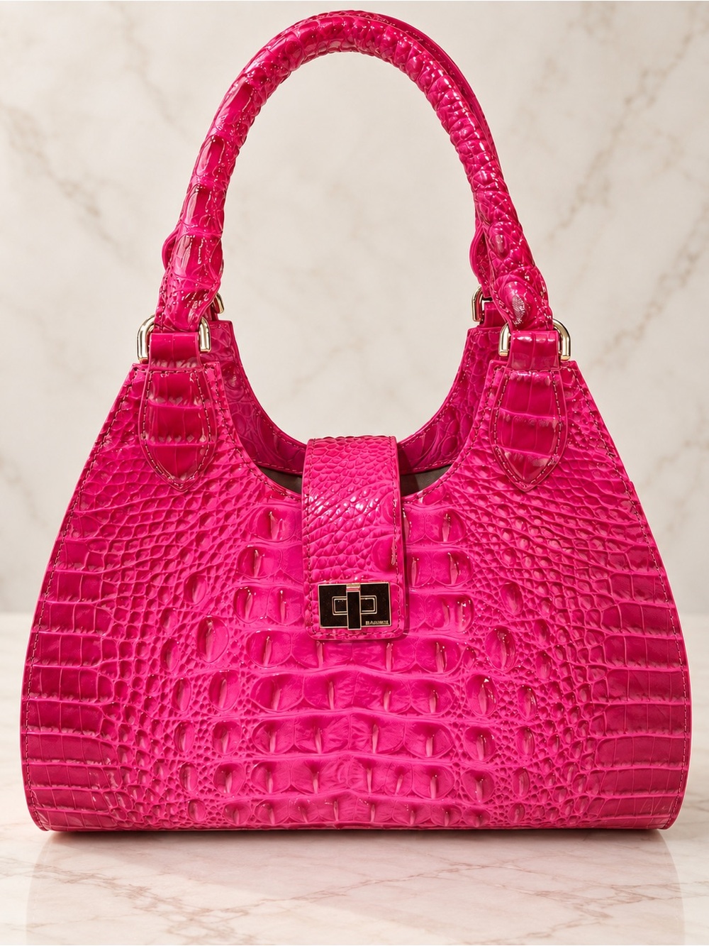 Brahmin Croc-Embossed Structured Shoulder Bag in Fuchsia